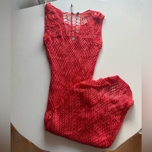 GUESS Los Angeles Crochet Knit Bodycon Dress Coral Red Size M Lace Back